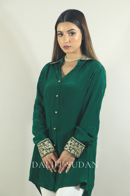 Emerald green collar cuff embroidered shirt