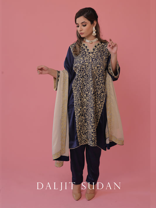 Navy Blue Satin phiran suit with tilla aari embroidery