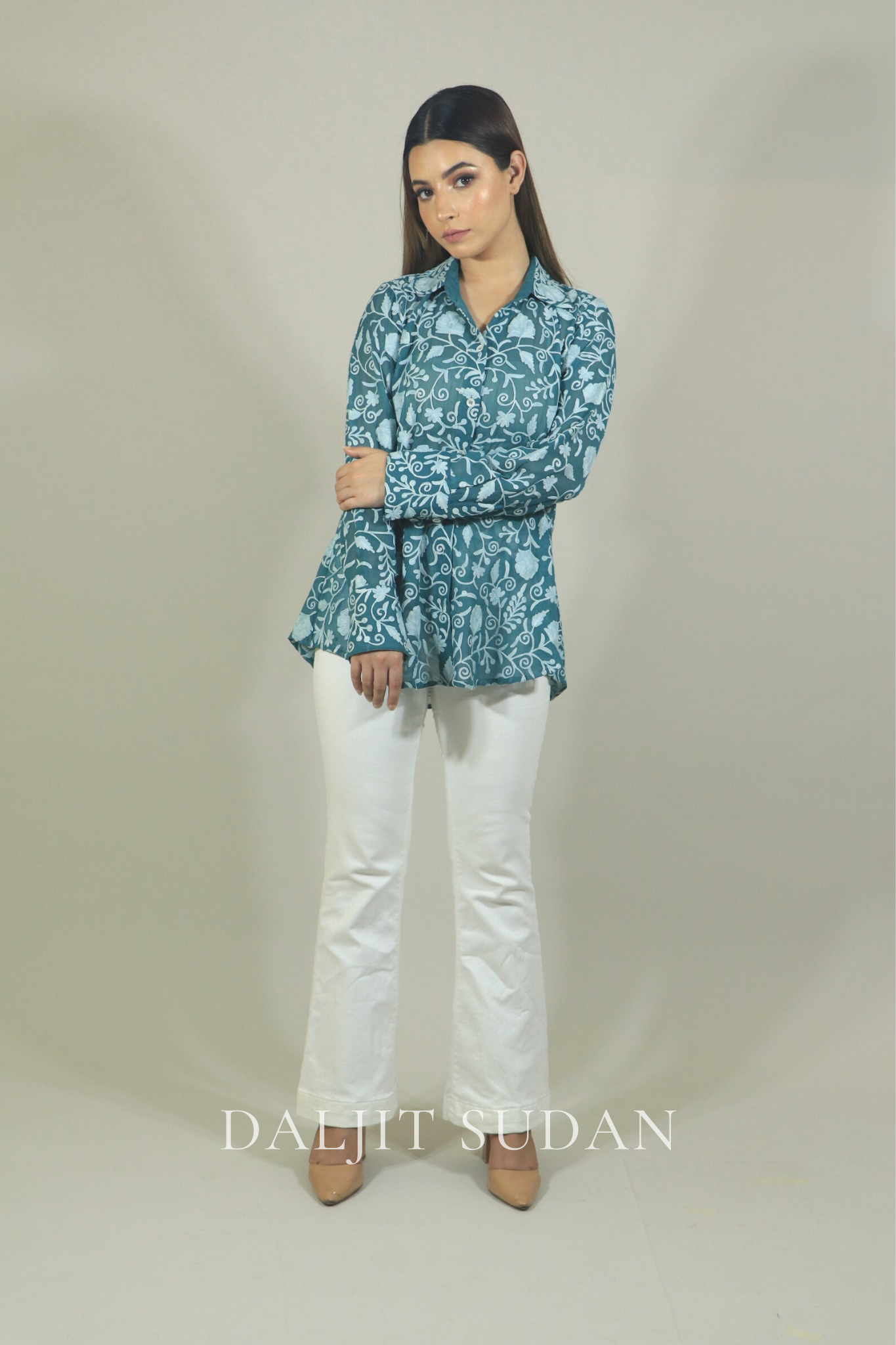 Teal all over embroidered shirt