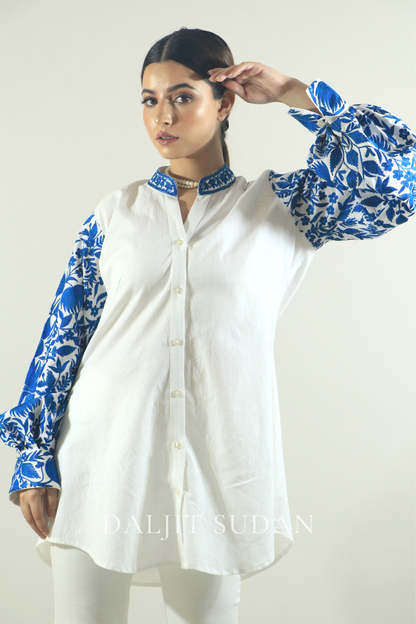 Linen sleeve blue embroidered shirt