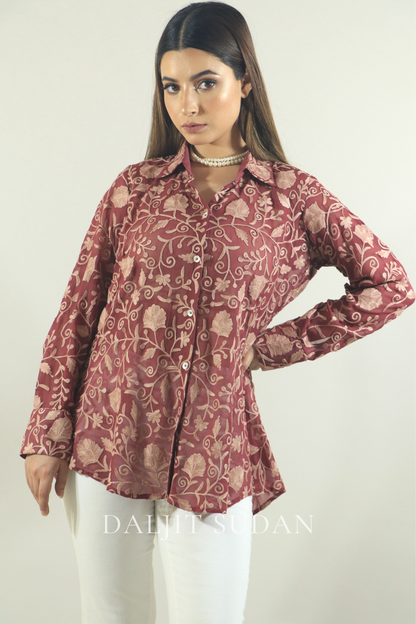 Pastel maroon all over embroidered shirt