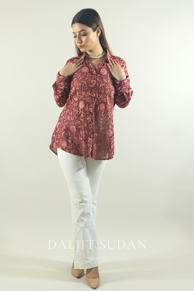 Light maroon all over embroidered shirt