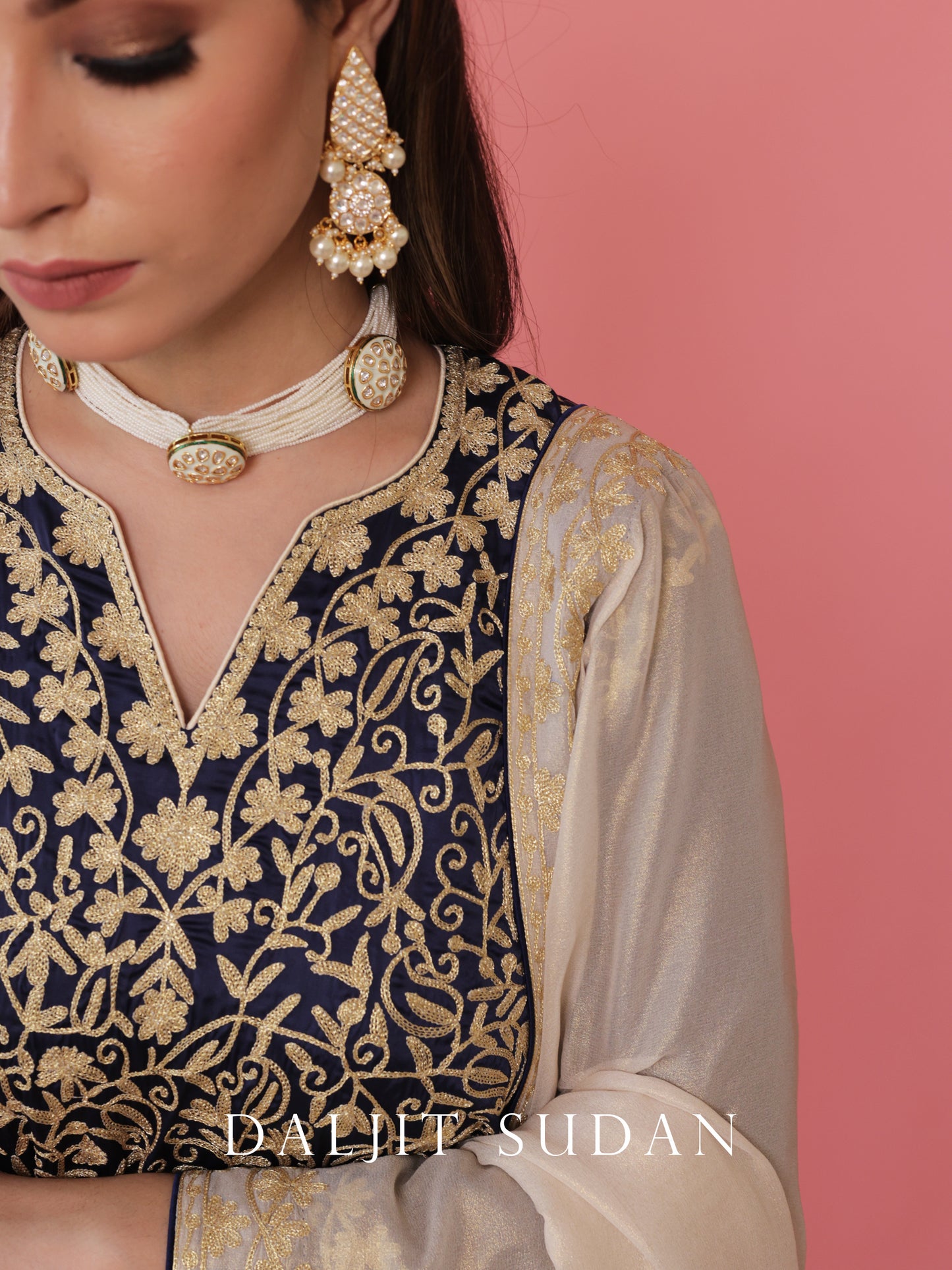 Navy Blue Satin phiran suit with tilla aari embroidery