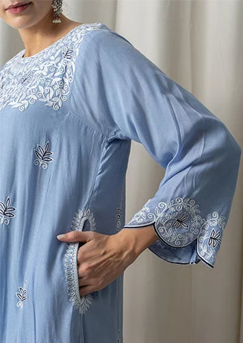 Blue Muslin Phiran with Blue Aari Embroidery