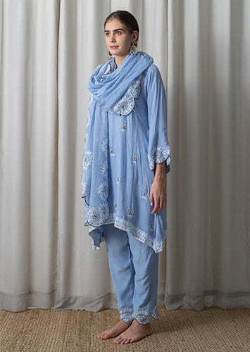 Blue Muslin Phiran with Blue Aari Embroidery