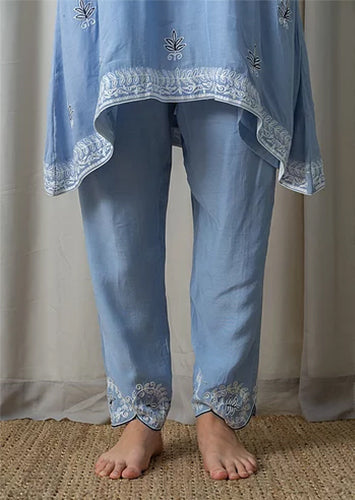 Blue Muslin Phiran with Blue Aari Embroidery