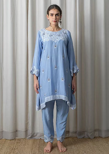 Blue Muslin Phiran with Blue Aari Embroidery