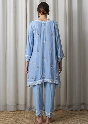 Blue Muslin Phiran with Blue Aari Embroidery