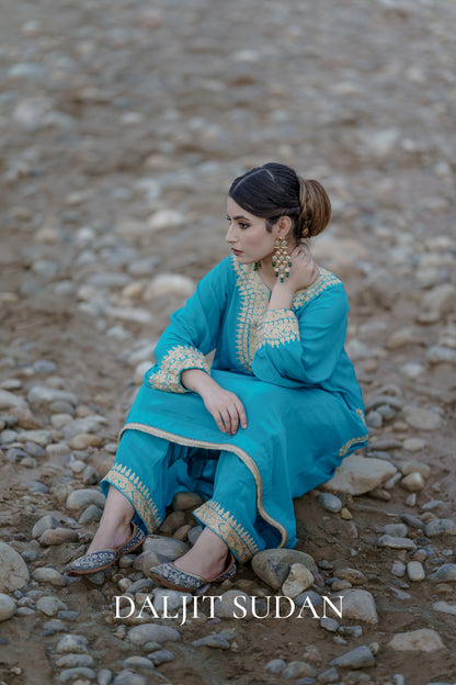 Teal Blue Crepe Aari Tilla Suit With Round Sleeves