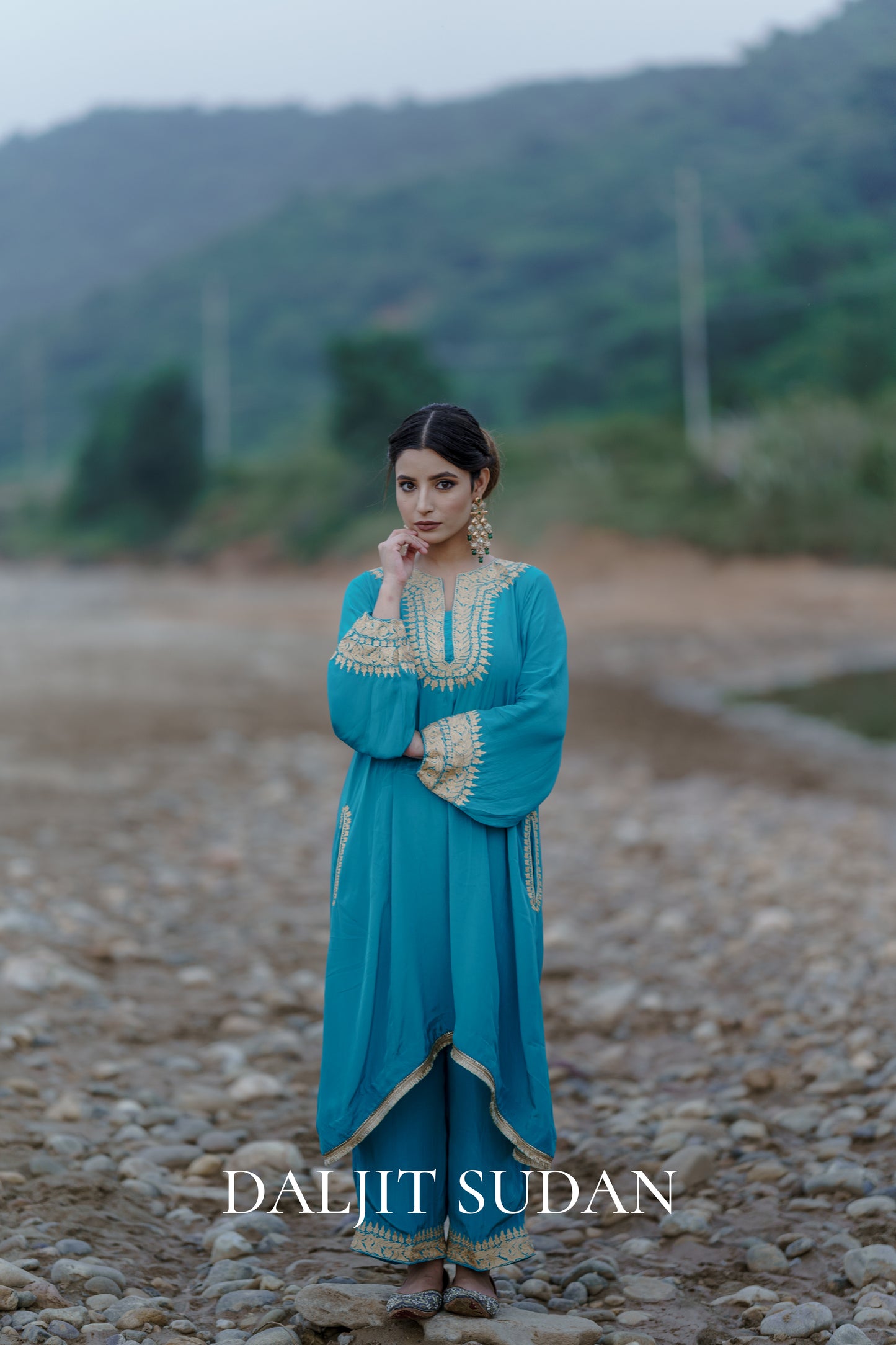 Teal Blue Crepe Aari Tilla Suit With Round Sleeves