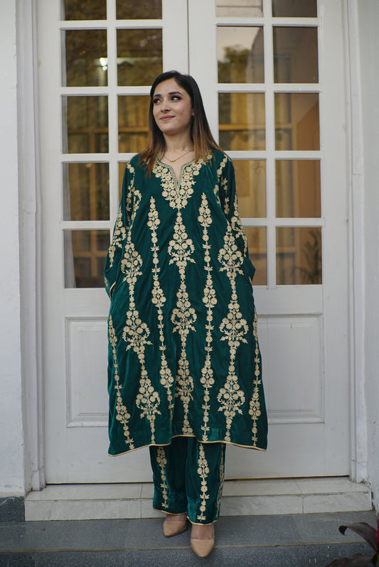 Teal Green Velvet All Over Aari Phiran Set