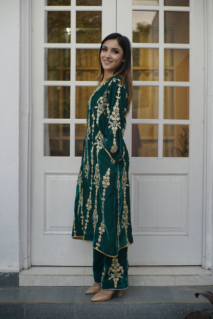 Teal Green Velvet All Over Aari Phiran Set