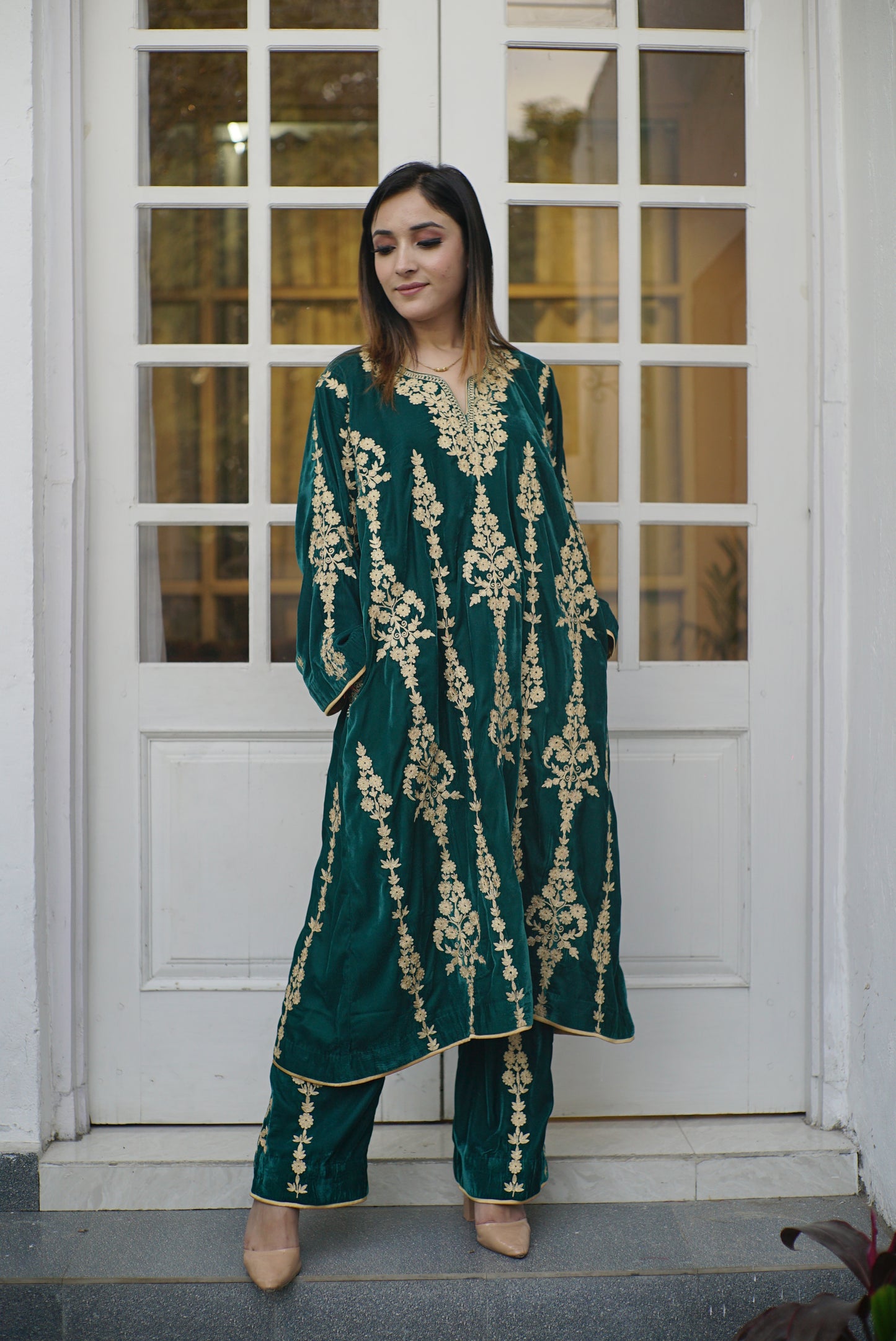 Teal Green Velvet All Over Aari Phiran Set