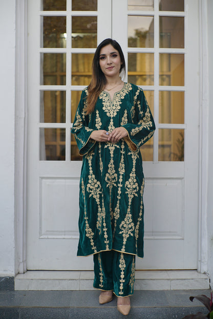 Teal Green Velvet All Over Aari Phiran Set