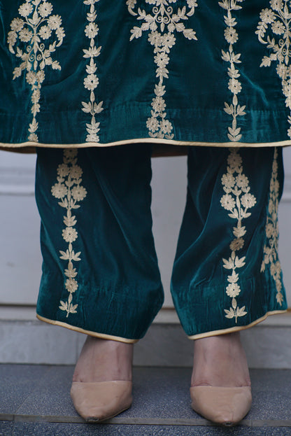 Teal Green Velvet All Over Aari Phiran Set