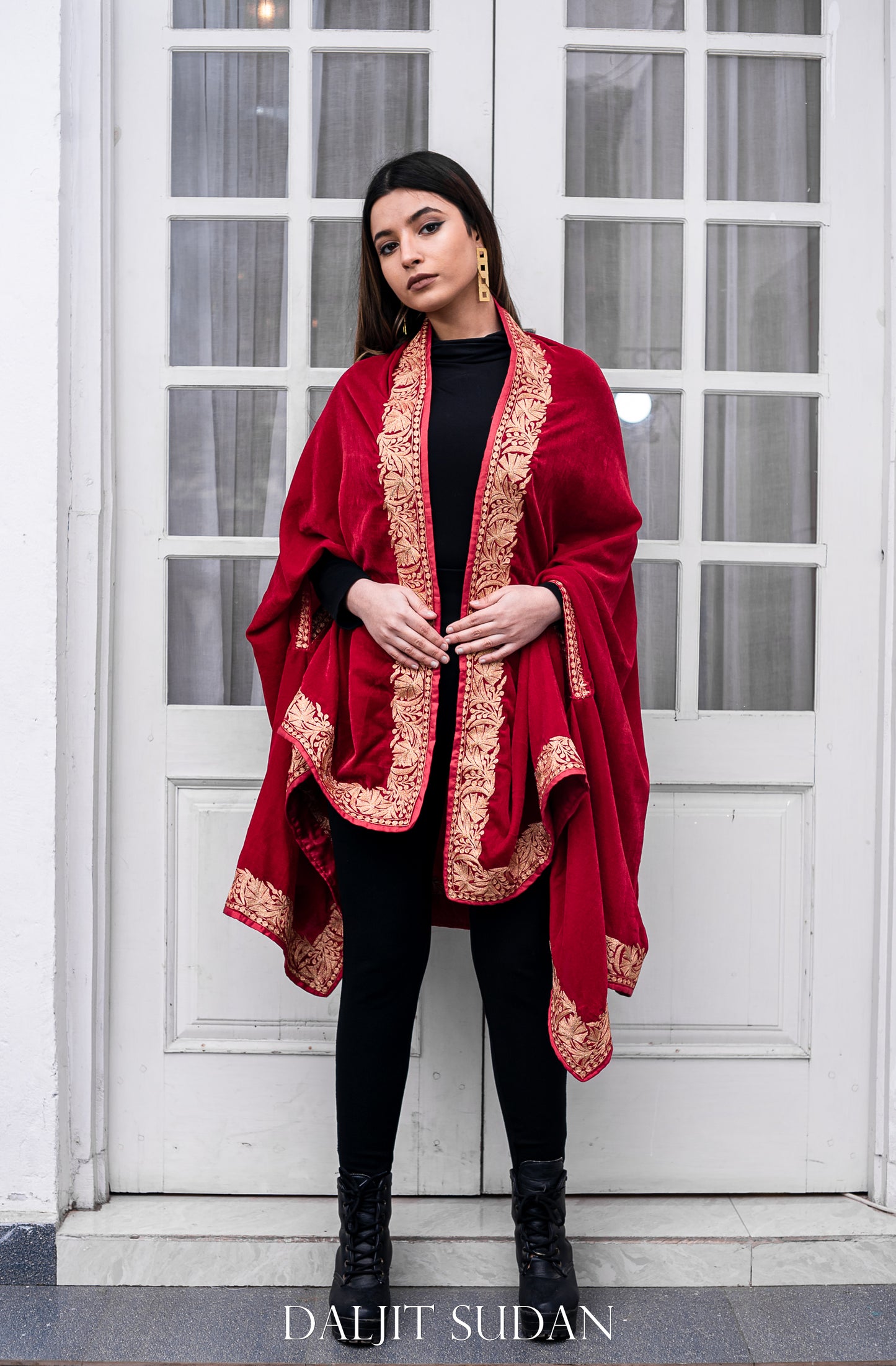 Red Velvet Cape with Aari Embroidery