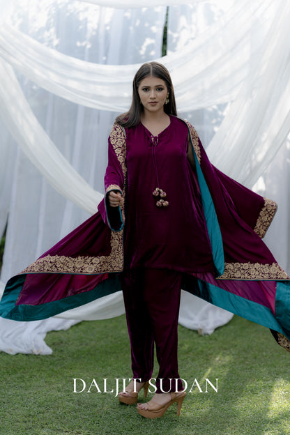 Wine Velvet Set With Kimono Cape