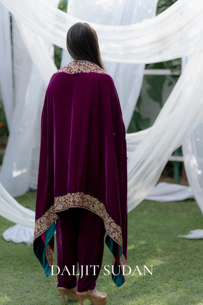 Wine Velvet Set With Kimono Cape