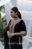 Black Crepe Embroidered Suit With Round Sleeves