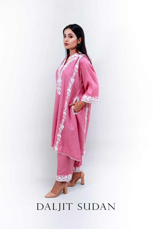 Aurora Pink Cotton Phiran Set With White Aari Embroidery