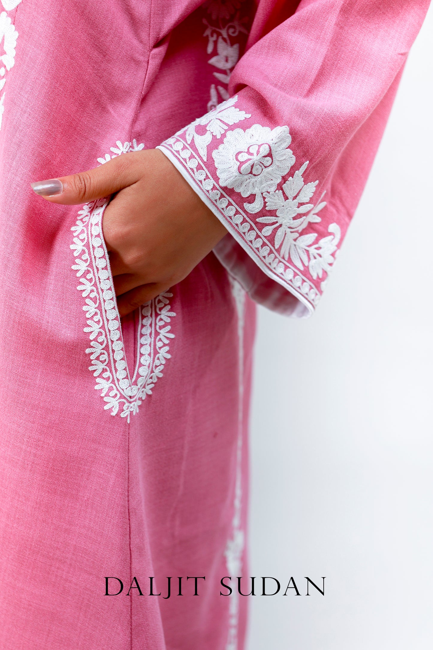 Aurora Pink Cotton Phiran Set With White Aari Embroidery